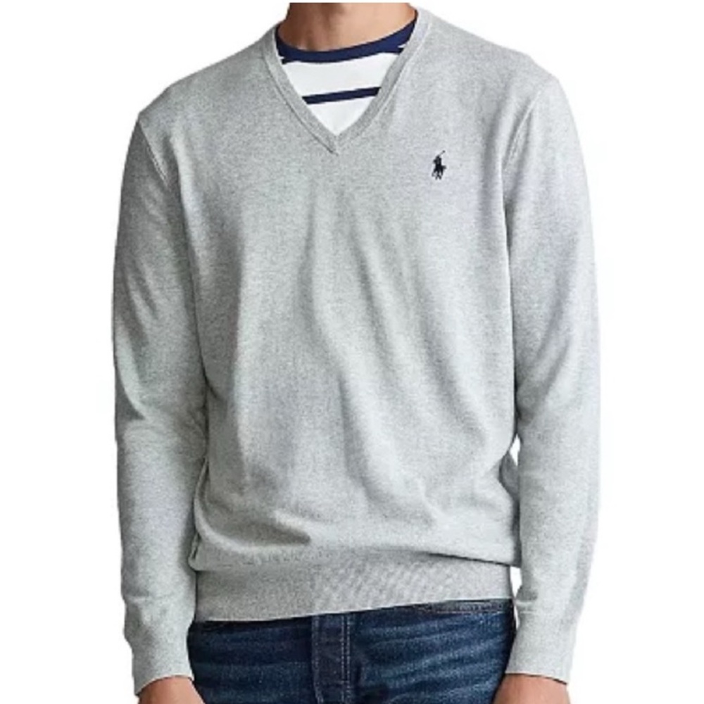 Polo Ralph Lauren Gray Body Blue Pony Pima Cotton V-Neck Sweater Preppy - Sz XL